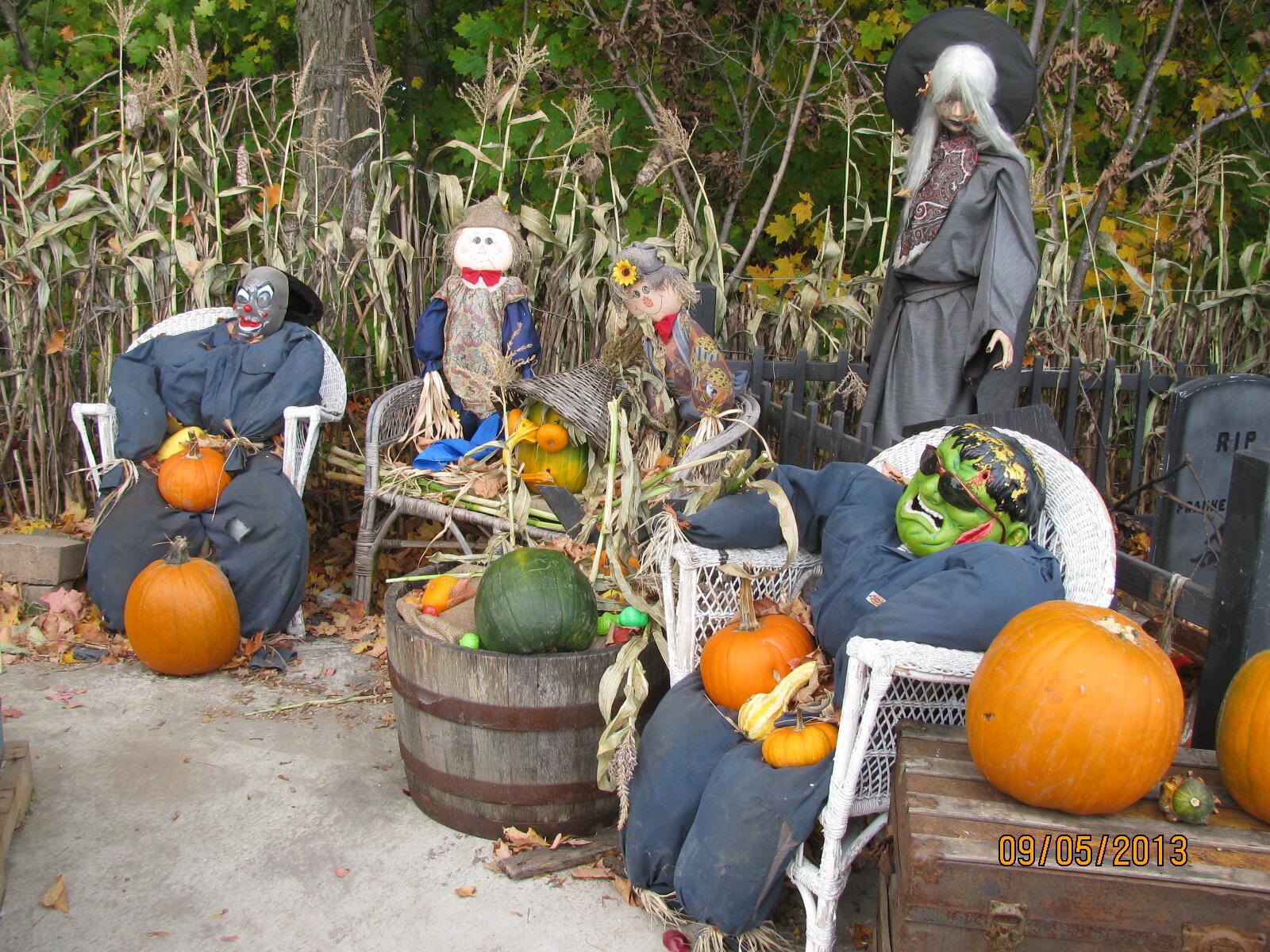 Décor d'épouvantails, courges et citrouilles à la ferme Les Citrouillards